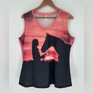 Chicyea Women’s Sz L Sleeveless Shirt Tank Top All Over Horse Scene Print Z9